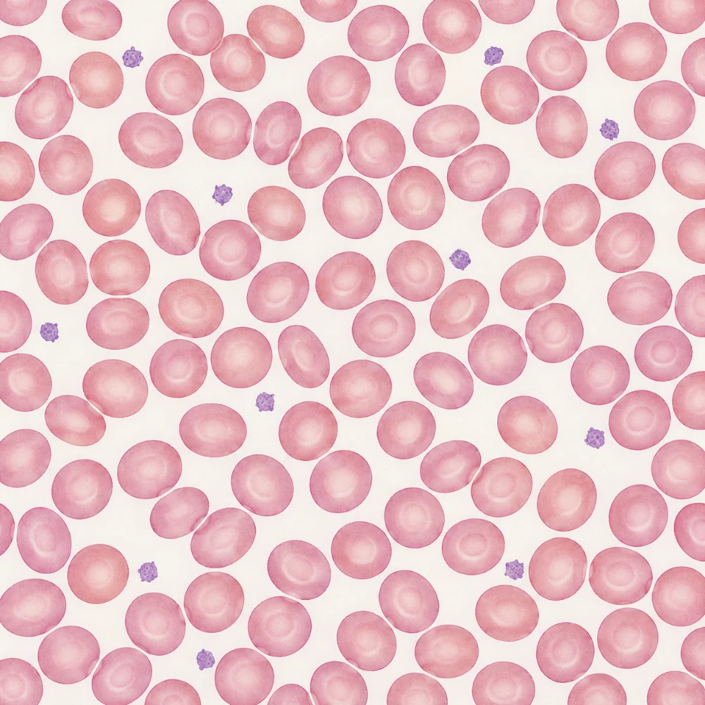 A picture painted to look like a stained blood smear at ×400 (it is not a photograph). It is crowded with pink discs, each paler in the middle and with no nucleus, and has about ten tiny purple specks scattered between them. No larger cell with a purple nucleus can be seen.