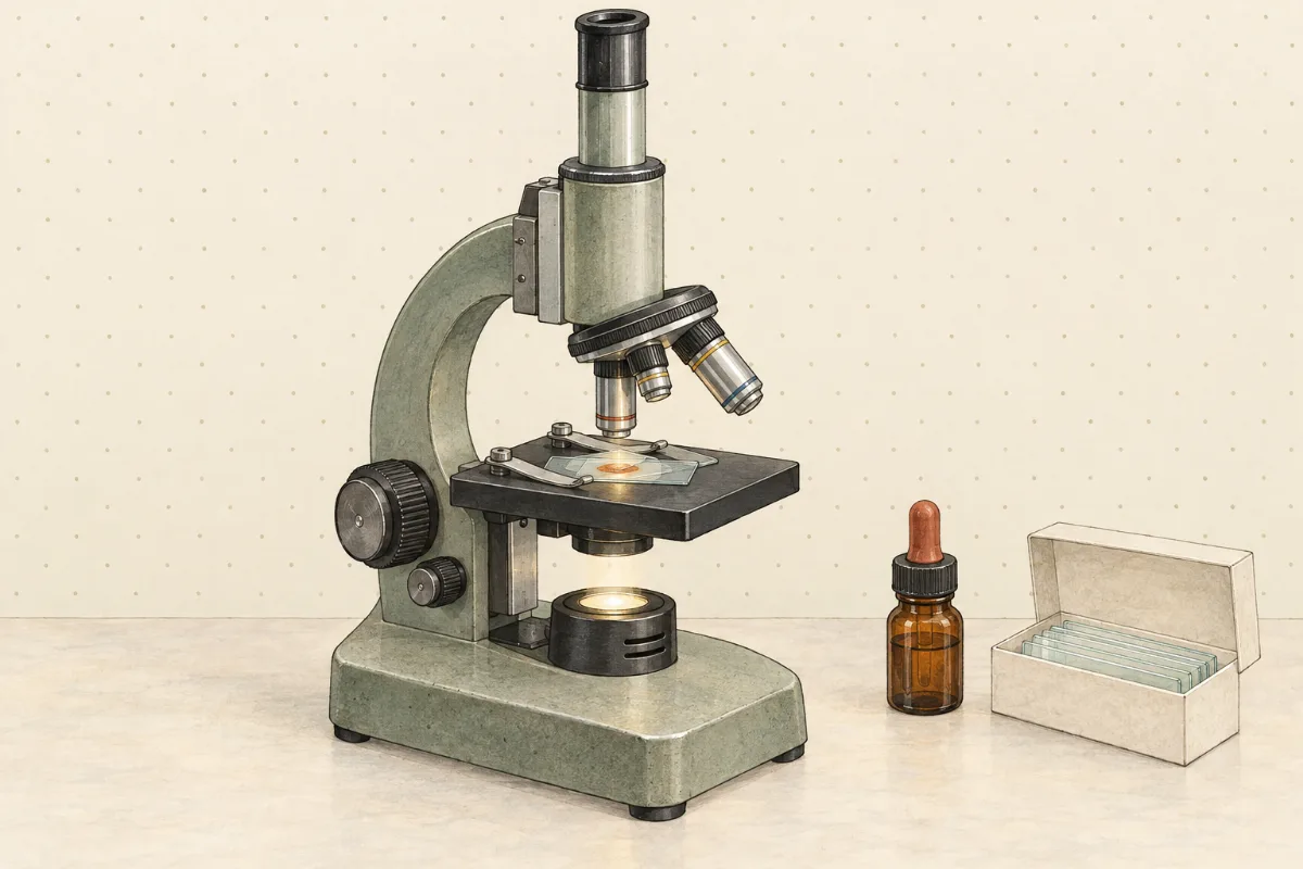A school light microscope with a stained slide clipped on its stage and the lamp in its base lit.