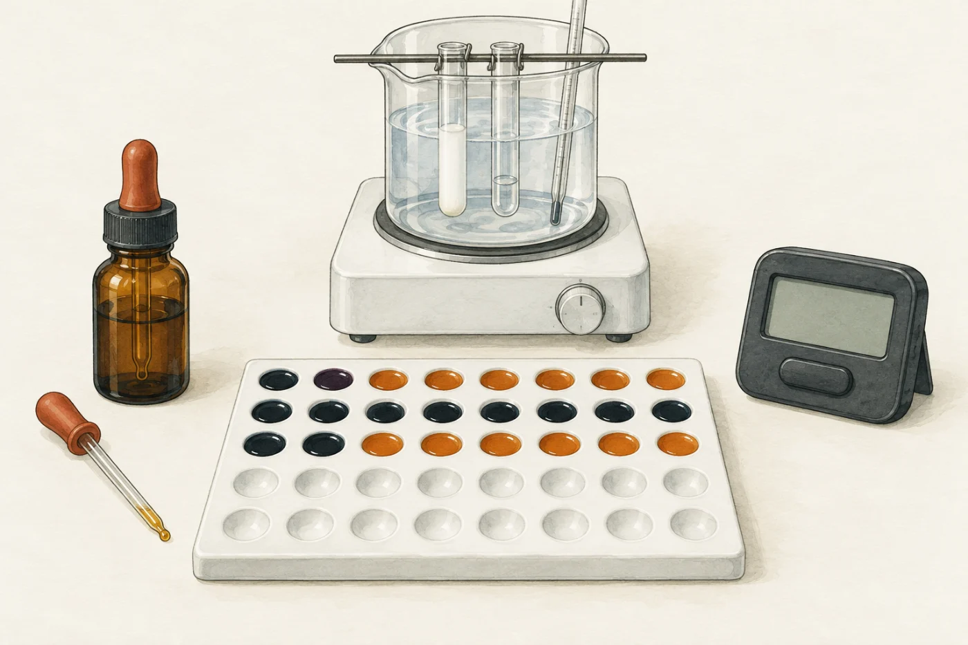 A water bath on a hotplate holding two test tubes and a thermometer; in front, a spotting tile with rows of wells going from blue-black to orange-brown, one row all blue-black; an amber iodine bottle, a dropping pipette and a stop-clock.
