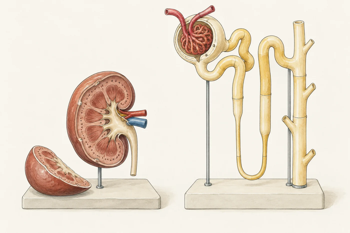 A painted picture of two models on white stands. On the left, a model kidney cut lengthways stands upright, with a cut slice lying in front of it. It has a reddish band with a row of dark dots just under its surface, striped fan-shaped areas inside that band, a cream branching space in the middle, a red and a blue vessel at its inner dent and a cream tube pointing down. On the right, a model of one nephron: a cup round a knot of red capillaries, a coiled yellow tube with a long loop, and a wide tube with side branches.