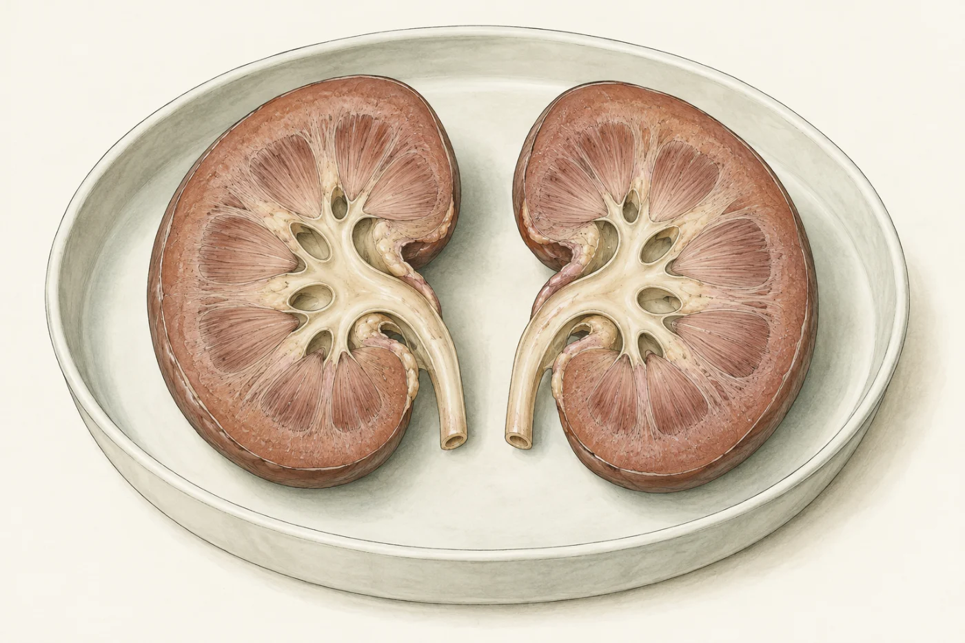 A painted picture of a kidney cut in half lengthways, the two halves lying side by side in a white dish. Each half has a reddish-brown outer band, pink fan-shaped areas with fine lines inside that band, a cream branching space in the middle and a cream tube leaving its inner dent.
