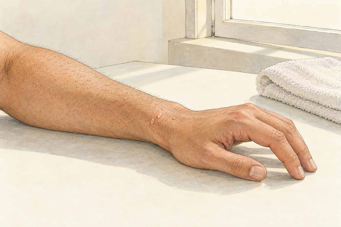 Fine beads of sweat on the skin of a forearm, beside a sunny window.