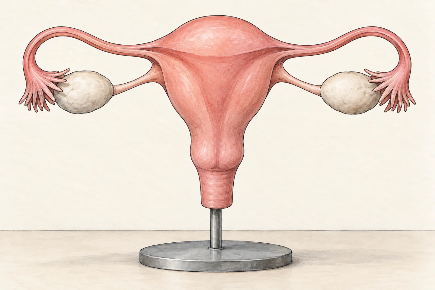 A painted picture of a model on a stand: a hollow, pear-shaped organ in the middle, with a thin tube curving out from each upper corner. Beside the end of each tube is a small, pale, oval gland, joined to the middle organ by a short cord.
