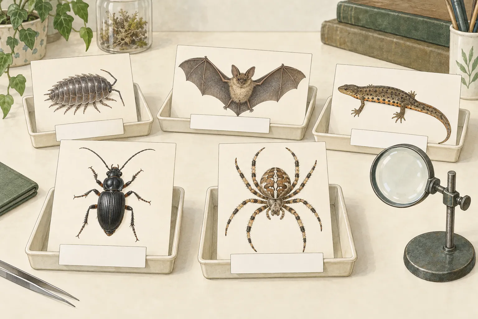 Organism cards standing in white trays on a bench: a woodlouse, a bat and a lizard at the back, a beetle and a spider in front, with a hand lens on a stand beside them.