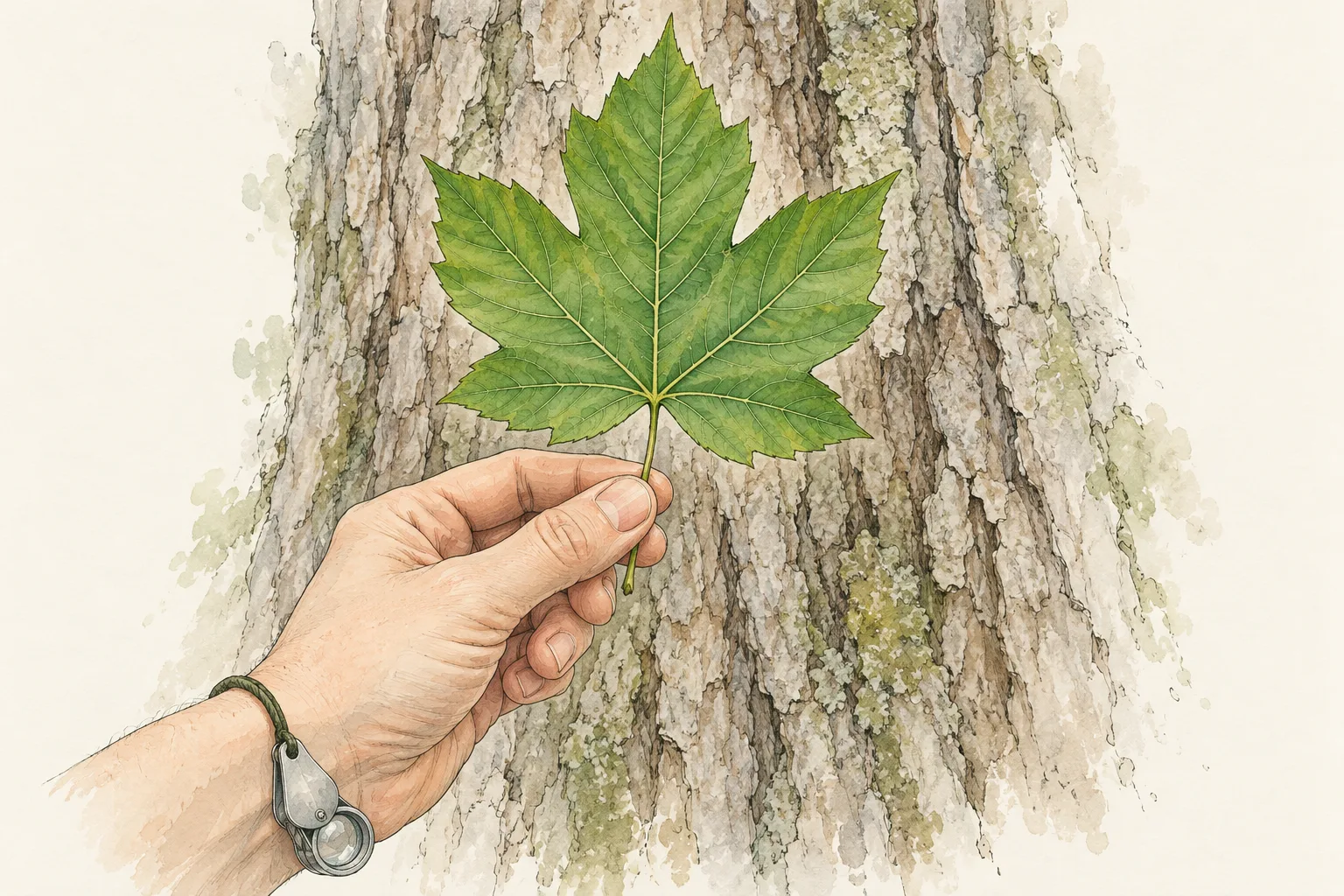 A hand holding up a single leaf with five pointed, toothed lobes against the bark of a large tree trunk; a small folding hand lens hangs from the wrist.