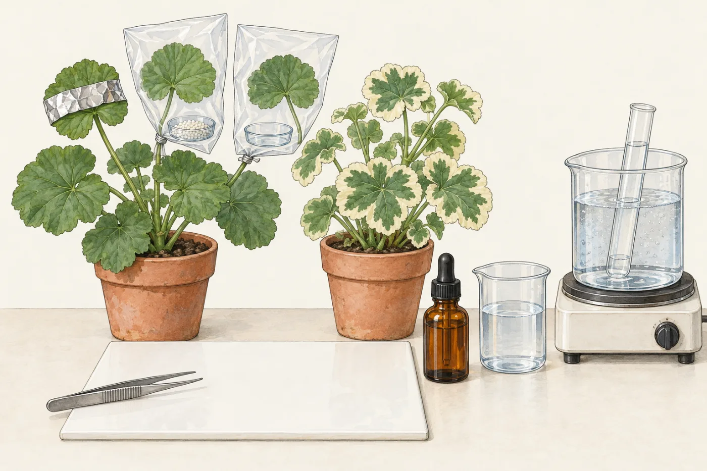 A bench with two potted plants: one with a foil strip round a leaf and two leaves sealed in clear bags, one bag with a dish of white granules and one with an empty dish; the other plant has leaves with green middles and cream edges. In front: forceps on a white tile, an amber dropper bottle, a beaker of water, and a boiling tube standing in a beaker of hot water on a hotplate.