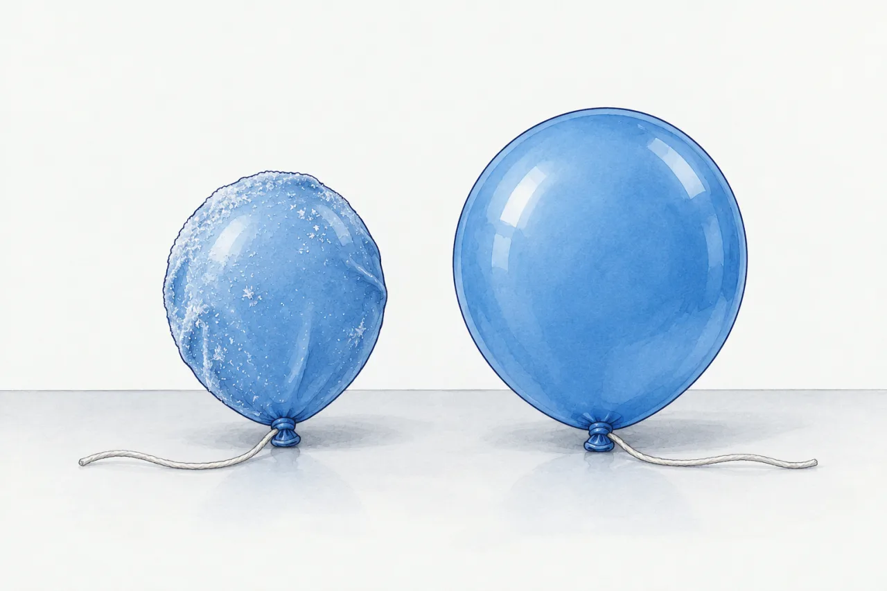 Two identical balloons: the one just out of the freezer is smaller and wrinkled; the one at room temperature is round and full.