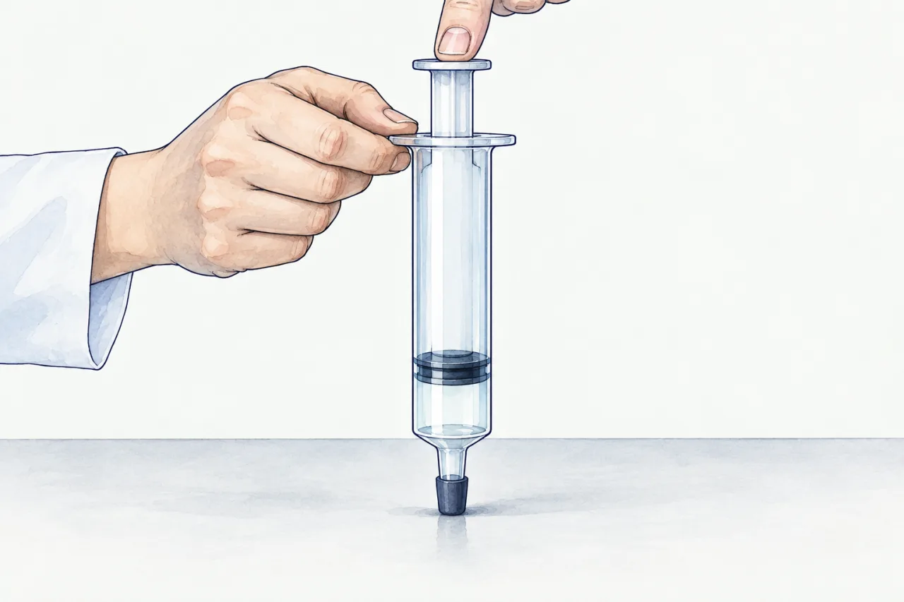 A sealed gas syringe held upright; a finger presses the plunger so the trapped air takes up less space.