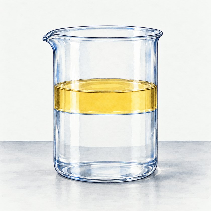 Oil and water after standing: two separate liquid layers make a heterogeneous mixture.