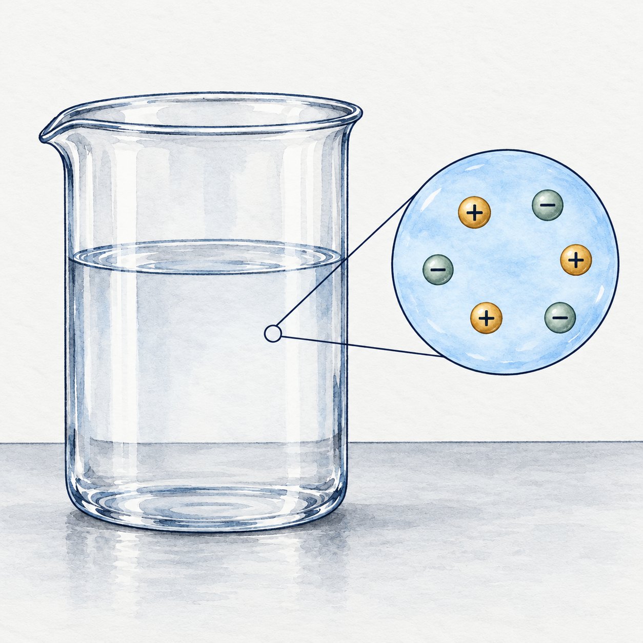 Solution: water and dissolved salt together. The enlargement shows dispersed ions.