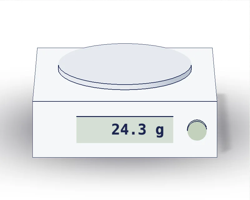 Top-pan balance, with labels: pan, display, to 0.1 g, zero (tare) button.