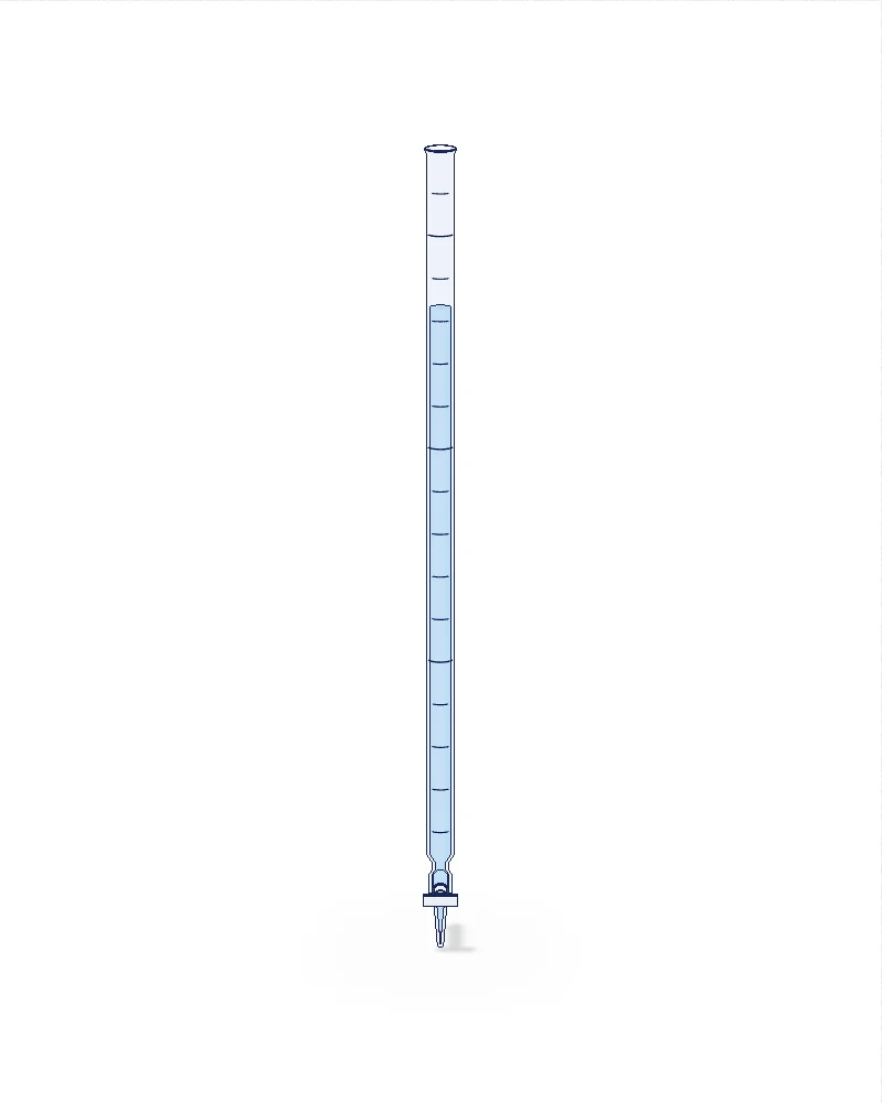 Burette, with labels: scale in cm³, 0 at the top, meniscus, tap, jet.