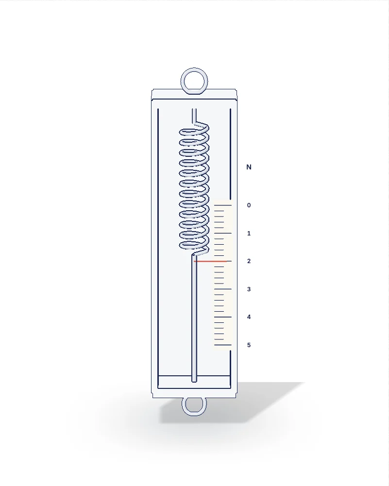 Force meter, with labels: hook to hang it from, spring, scale in N, hook for the load.