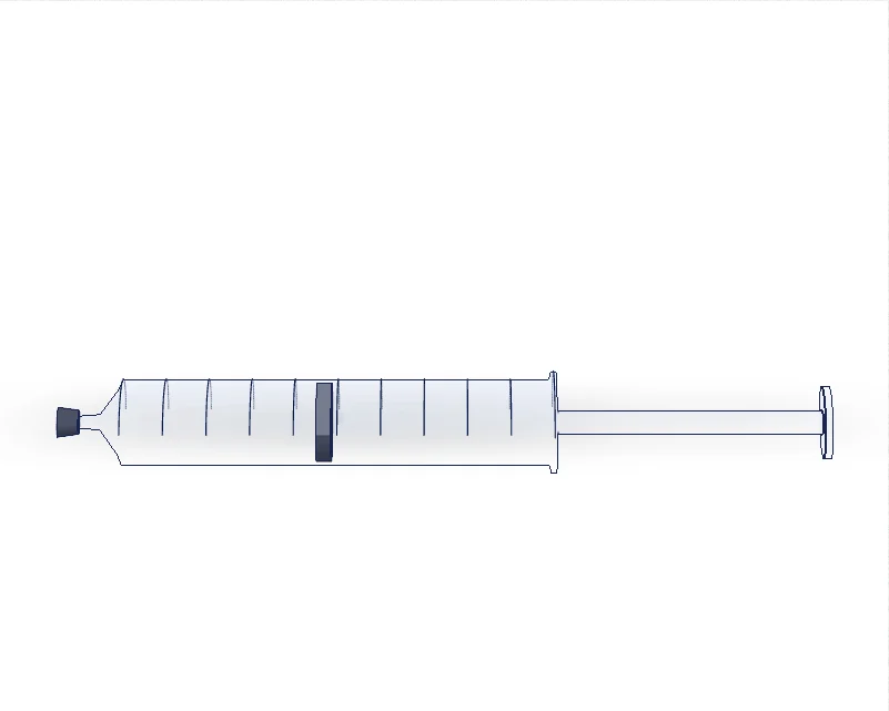 Gas syringe, with labels: barrel with scale in cm³, plunger, gas enters here.