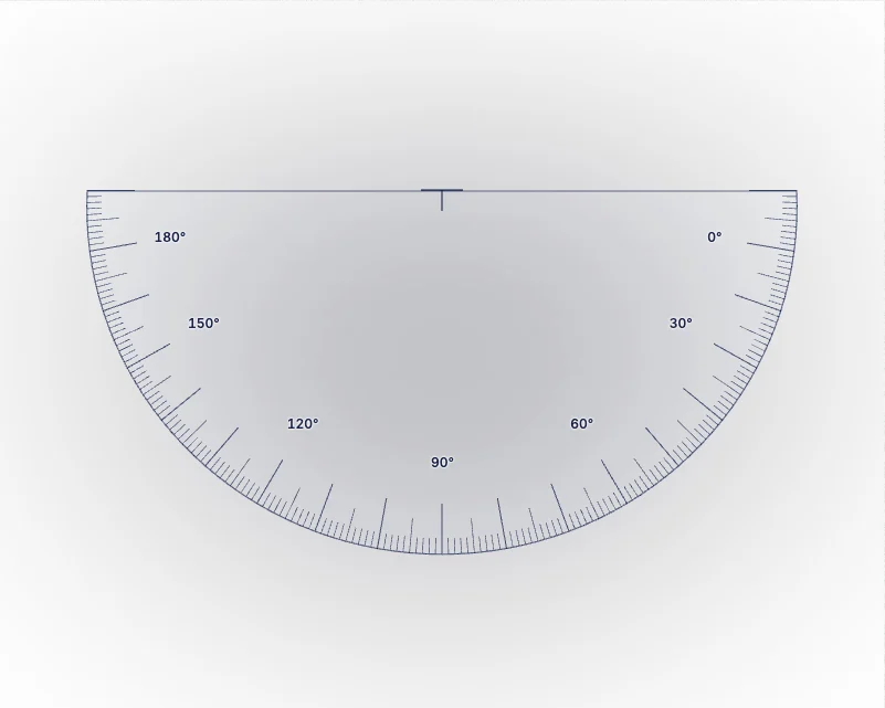 Protractor, with labels: centre point, baseline, scale in degrees.