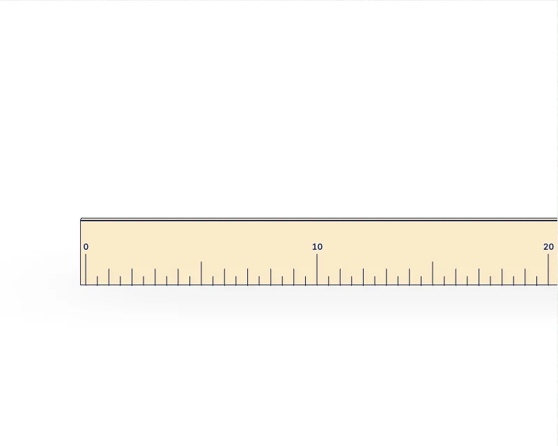Ruler and metre rule, with labels: zero mark, scale in cm and mm.