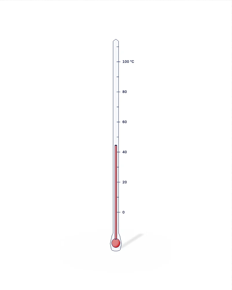 Thermometer, with labels: bulb, liquid column, scale in °C.