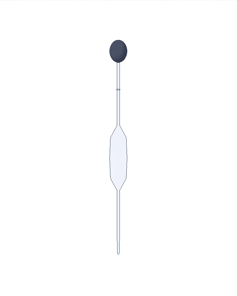 Volumetric pipette, with labels: graduation line, bulb, jet.