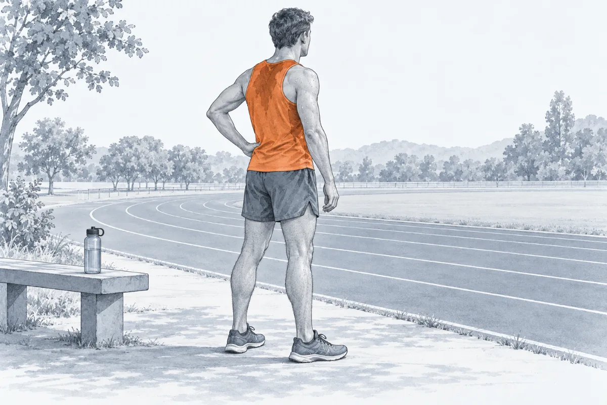A runner in an orange vest stands with one hand on a hip at the edge of a running track, resting after a run, beside a bench with a water bottle.
